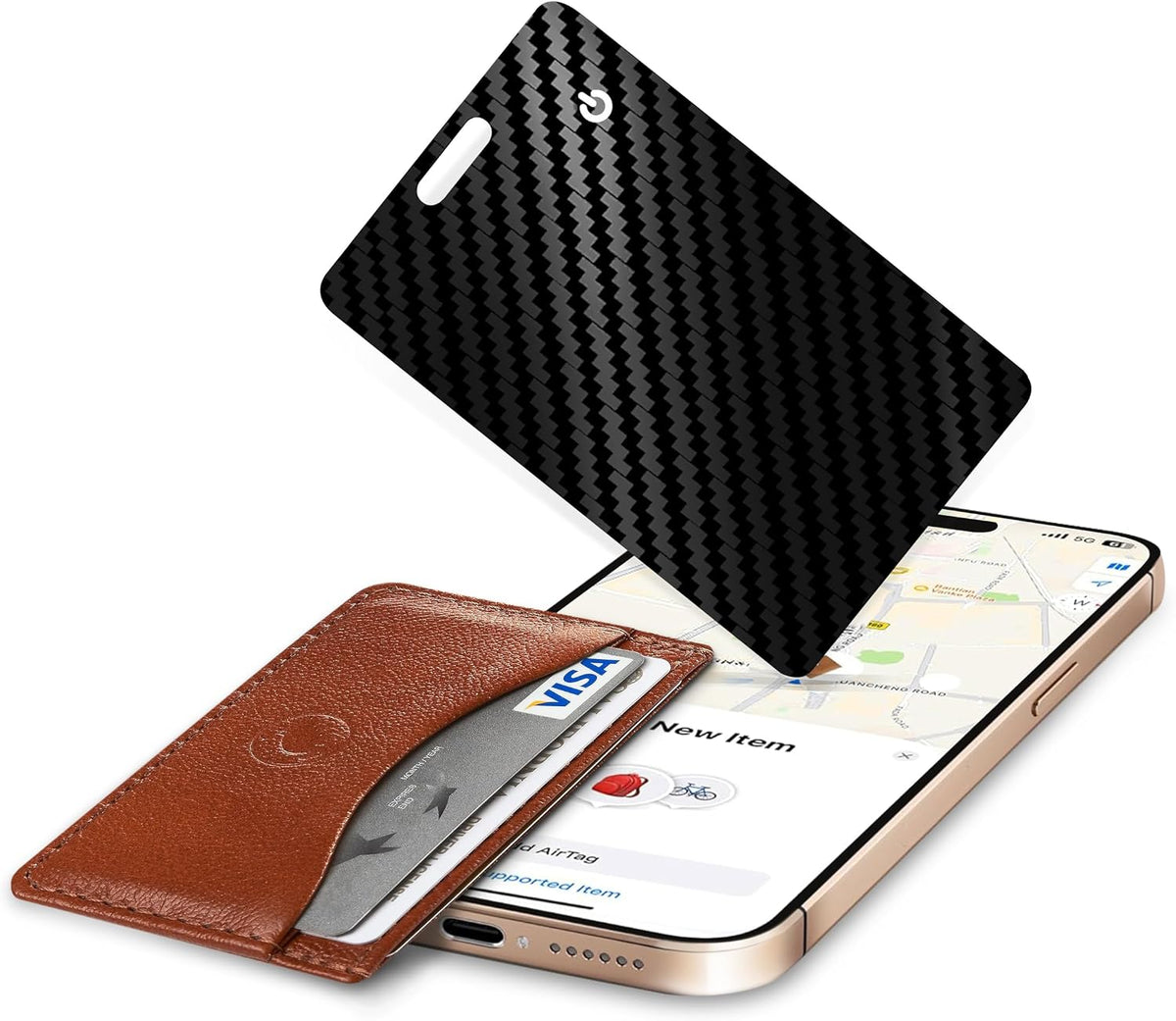 Wallet Tracker Card, Slim Rechargeable Bluetooth Item Locator, Smart Finder Compatible with Apple Find My for Wallet, Luggage, Passport, IP68 Waterproof (Ios Only) (Carbon Fiber Black)