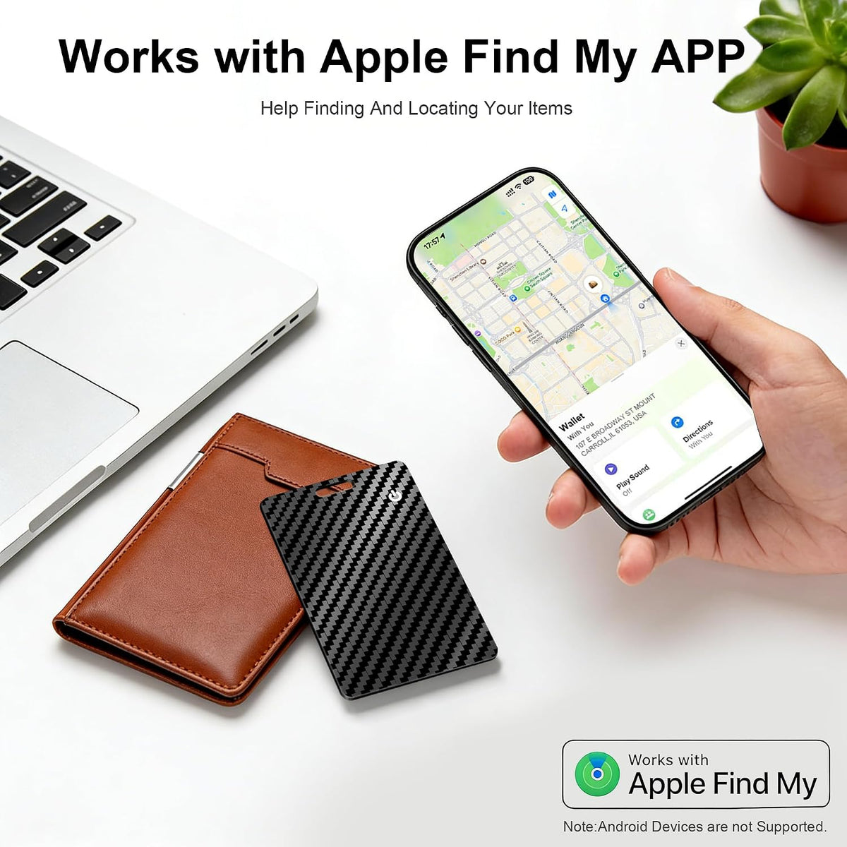 Wallet Tracker Card, Slim Rechargeable Bluetooth Item Locator, Smart Finder Compatible with Apple Find My for Wallet, Luggage, Passport, IP68 Waterproof (Ios Only) (Carbon Fiber Black)